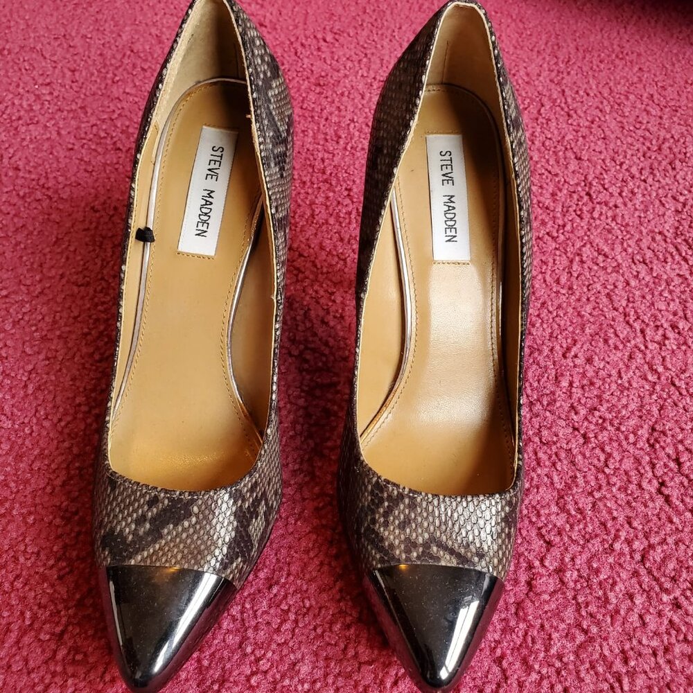 Steve Madden Brown Snake Print Metal Toe Heels